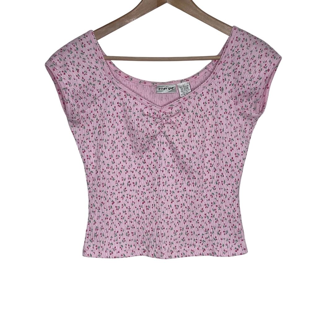 Energie Y2K Pink Cherry Print Ribbed Stretch Top Size L Baby Tee Cottagecore